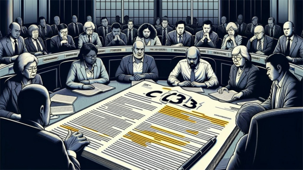 Graphic depicting downbeat meeting with report detailing C3 on the table