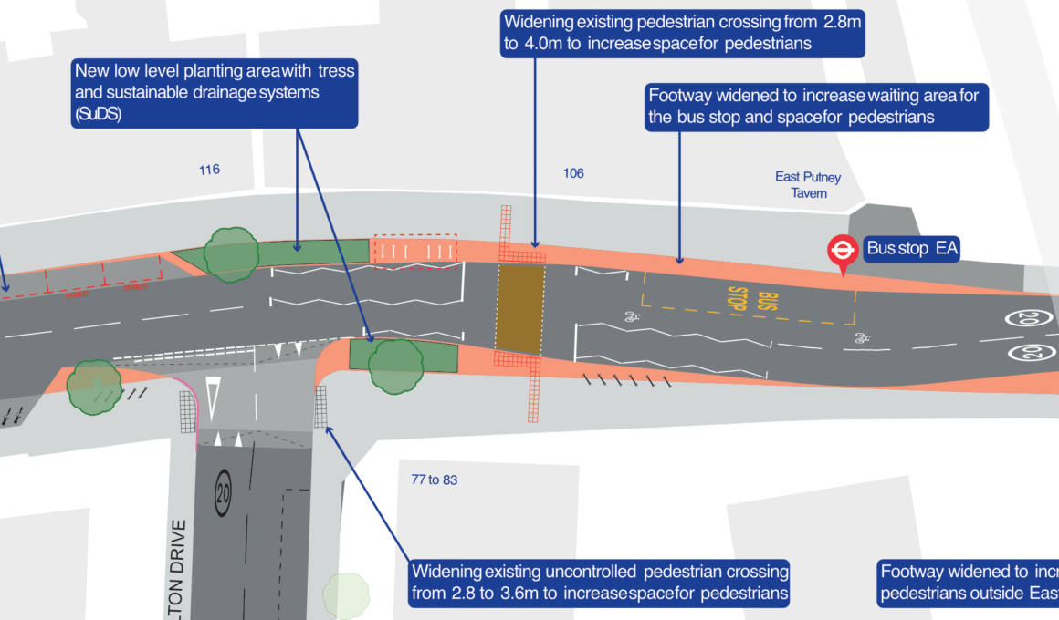 Upper Richmond Road improvement plans map, site of the East Putney accident