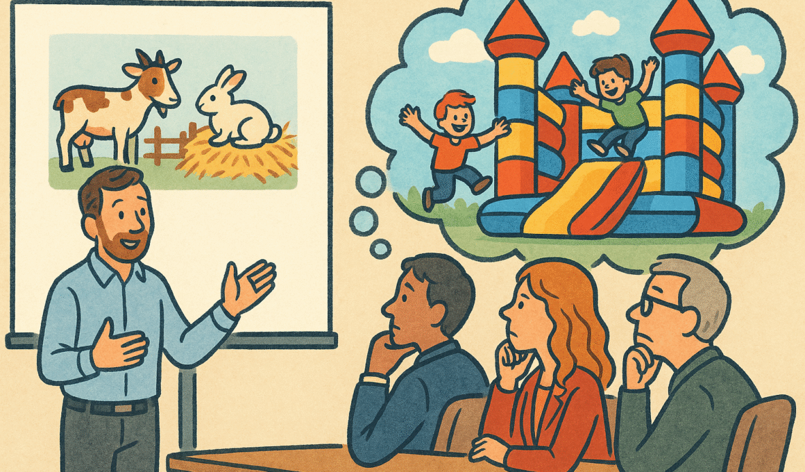 Graphic of a meeting where councillors are unsure about a petting zoo