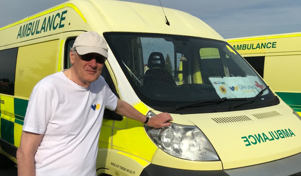 Jonathan Callaway in front of an ambulance heading to Ukraine