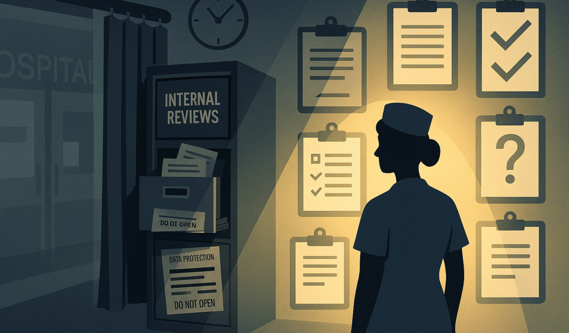 A graphic showing a nurse under scrutiny while internal reviews are hidden