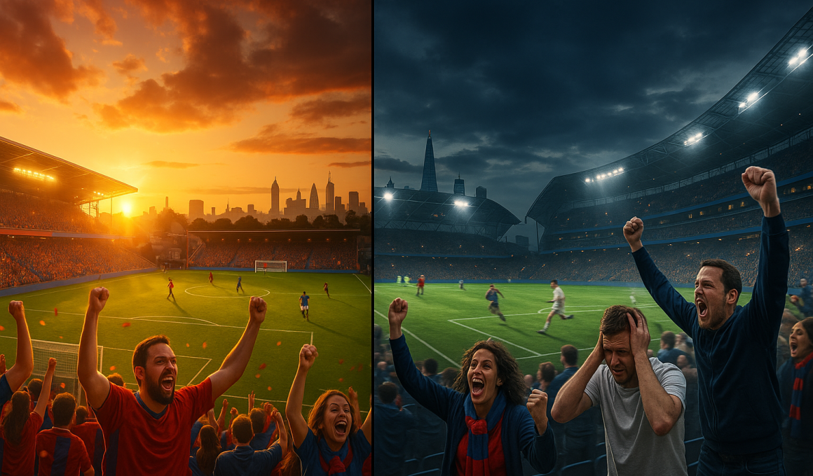 Graphic with two different sets of football fans celebrating