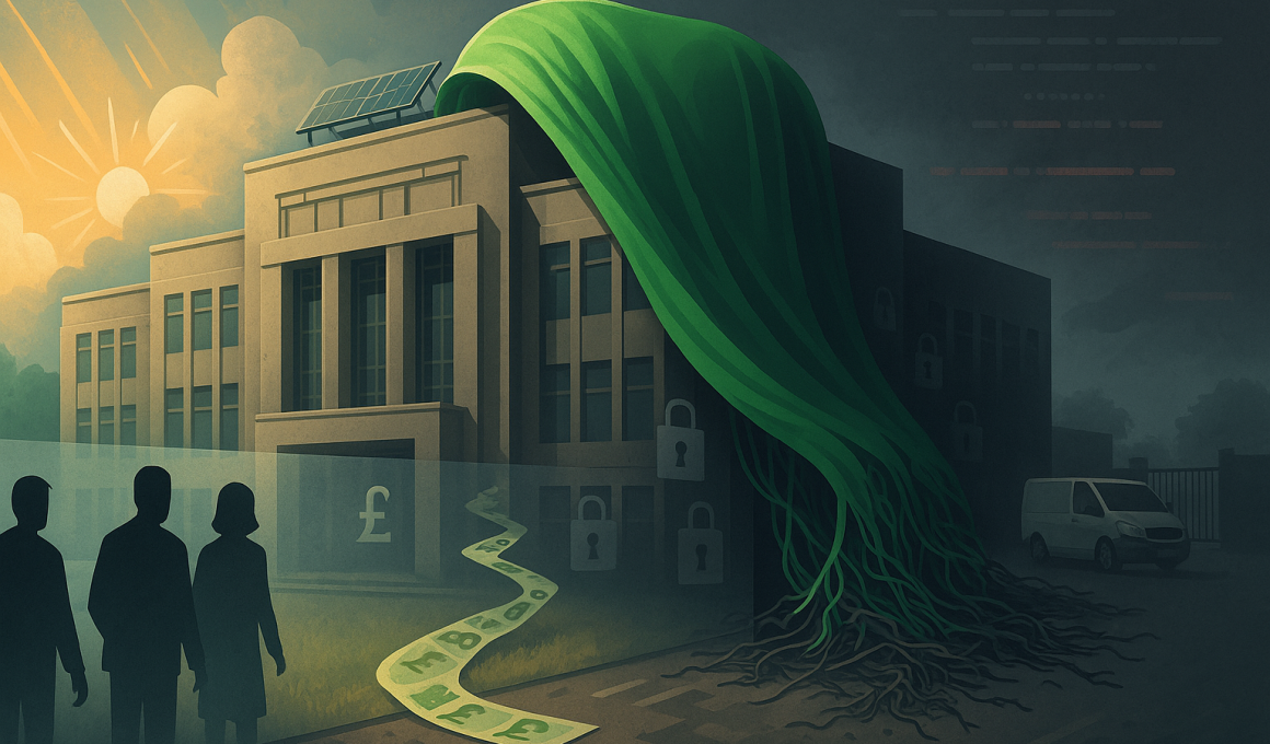 A green shroud over a building graphic