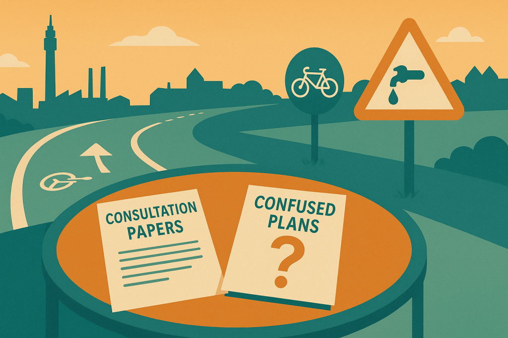 Flat-style illustration with a circular meeting table holding consultation papers and confused plans, in front of an incomplete cycle path with unclear signage, framed by Birmingham’s industrial skyline in warm teal and orange geometric design.