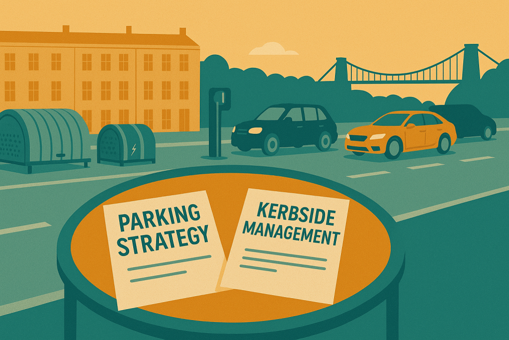 Flat-style illustration with a circular meeting table displaying parking strategy and kerbside management documents, in front of a Bristol street scene featuring cycle hangars, EV charging points, cars, Georgian houses, and the Clifton Suspension Bridge in the background, in warm teal and orange palette.