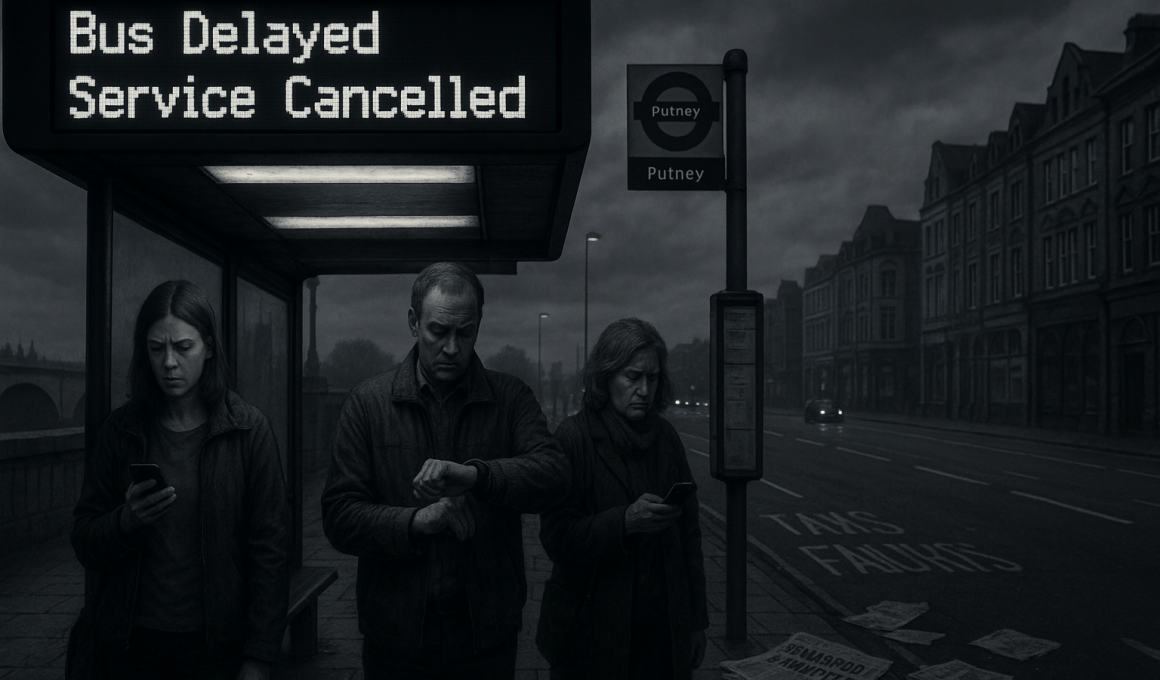 Graphic showing peple waiting for a delayed bus in Putney
