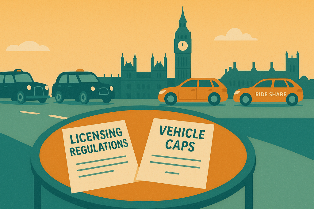Flat-style illustration of a circular meeting table with licensing regulations and vehicle cap documents, against a backdrop of Westminster with Big Ben, showing both black taxis and orange ride-share cars on the road, in warm teal and orange colors.