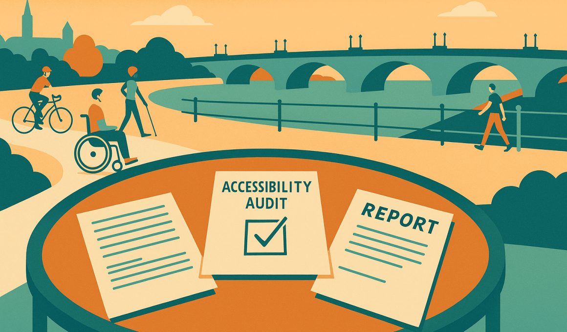 Flat-style illustration of a circular meeting table with accessibility audit papers in the foreground, overlooking Kingston riverside path where cyclists, a wheelchair user, and pedestrians share space, with Kingston Bridge silhouetted in the background in warm teal and orange tones.