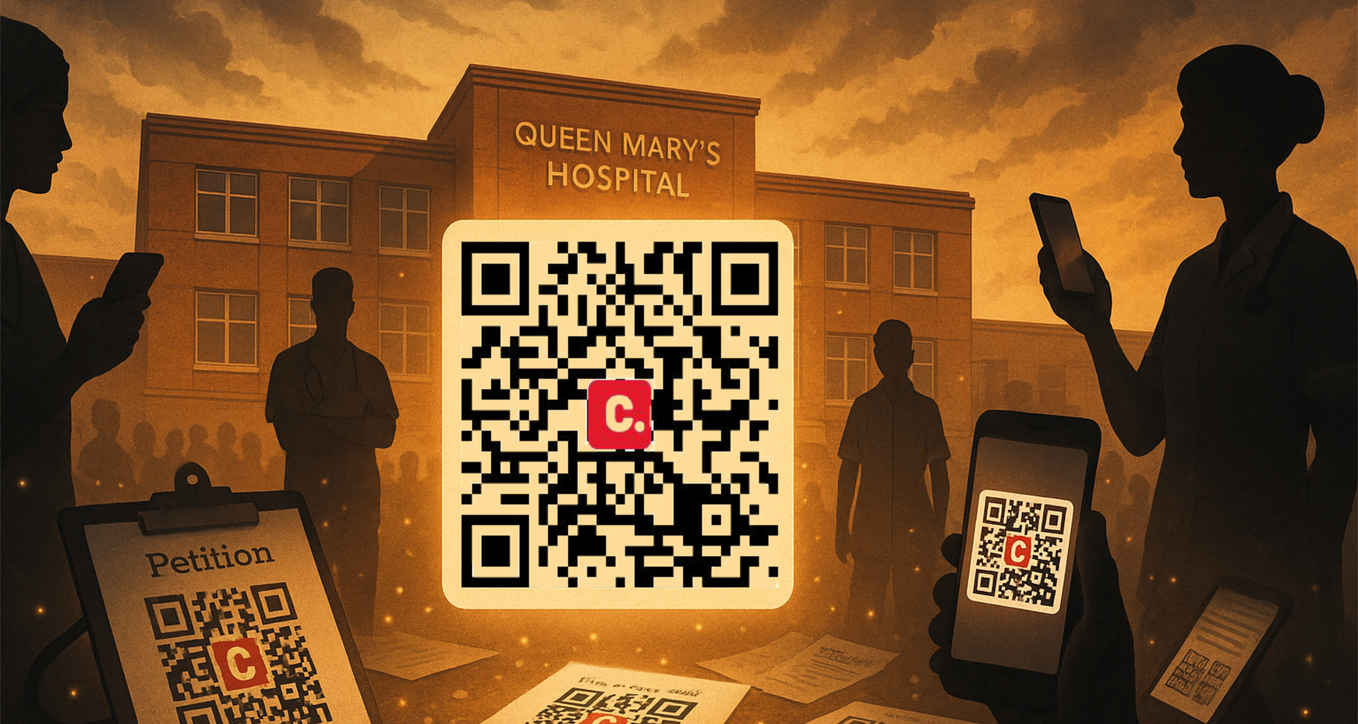 Graphic showing a QR code for a petition against closure of Queen Mary's