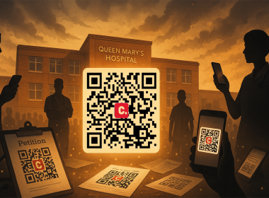 Graphic showing a QR code for a petition against closure of Queen Mary's