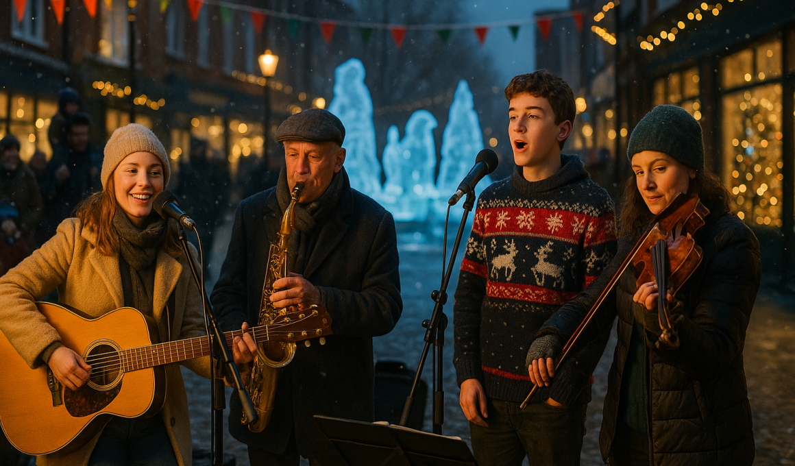 Street performers in front of an ice sculpture trail