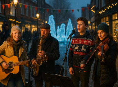 Street performers in front of an ice sculpture trail