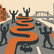 wandsworth-bridge-meander-plans-watermarked - Putney.news Stylized illustration of a winding orange pathway through an urban street with people celebrating, cars, and Wandsworth Bridge in the background, representing a people-centered approach to road transformation