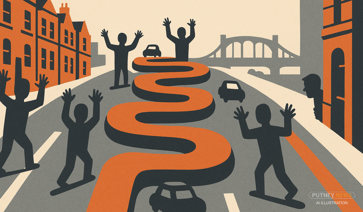 Stylized illustration of a winding orange pathway through an urban street with people celebrating, cars, and Wandsworth Bridge in the background, representing a people-centered approach to road transformation