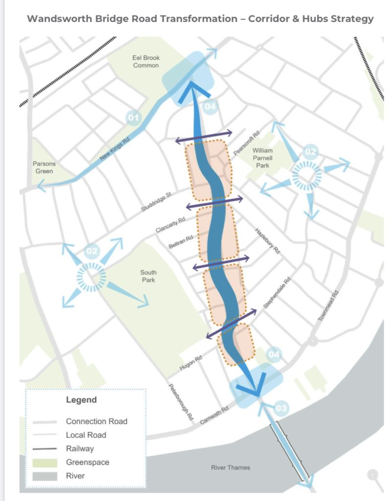 Map showing Wandsworth Bridge Road transformation strategy with corridor, hub locations, and connections to surrounding areas.