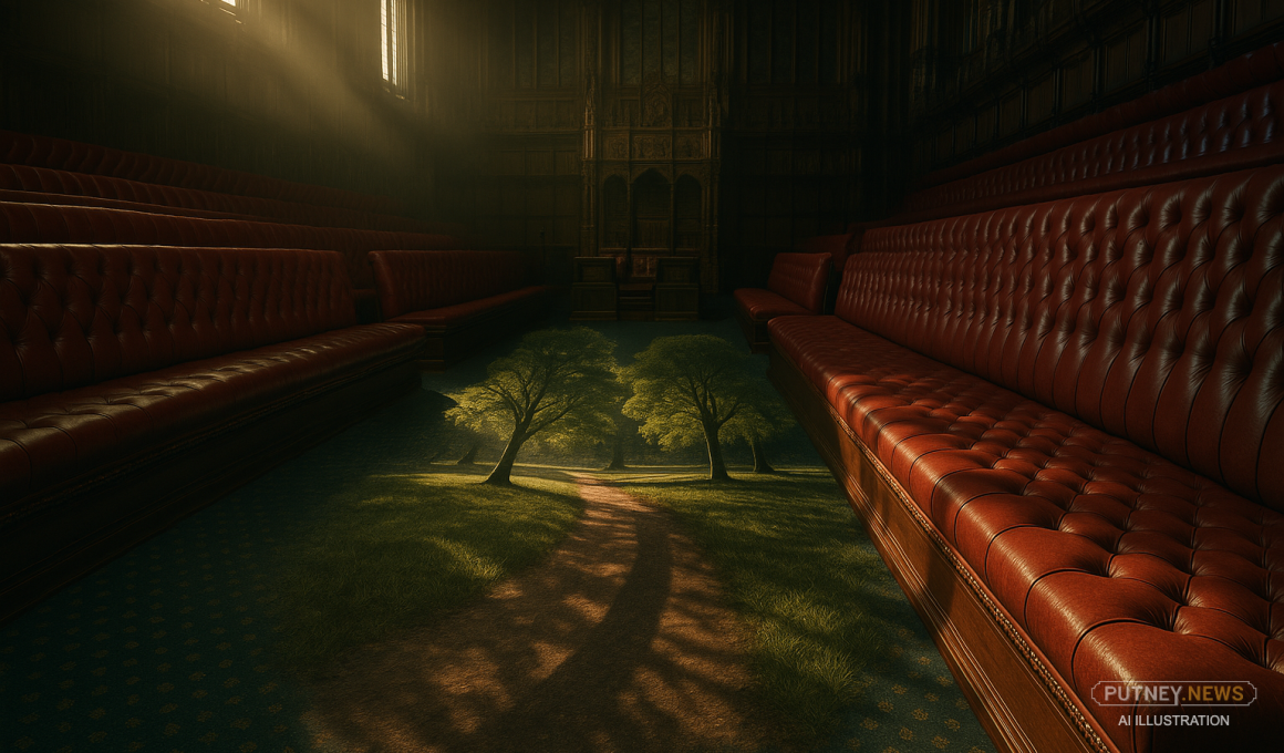 Trees and parkland merging with ornate legislative chamber interior