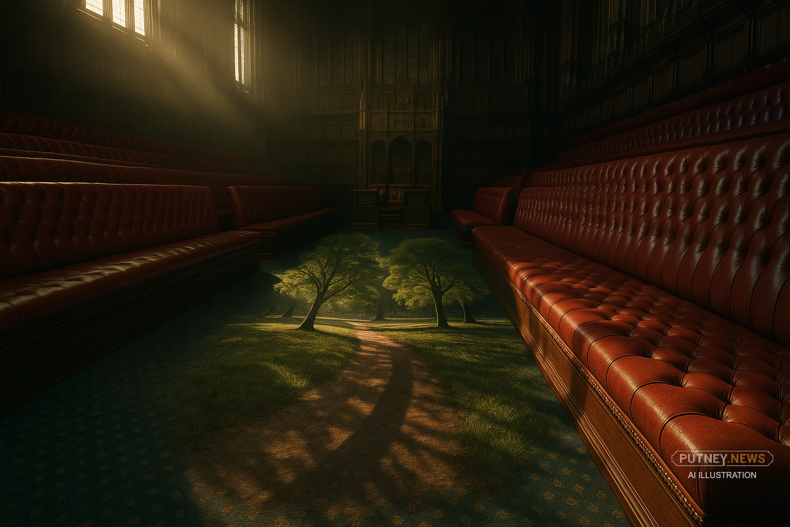 Trees and parkland merging with ornate legislative chamber interior