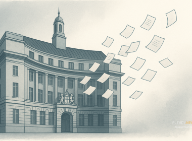 "Illustration of papers floating away from an official building"