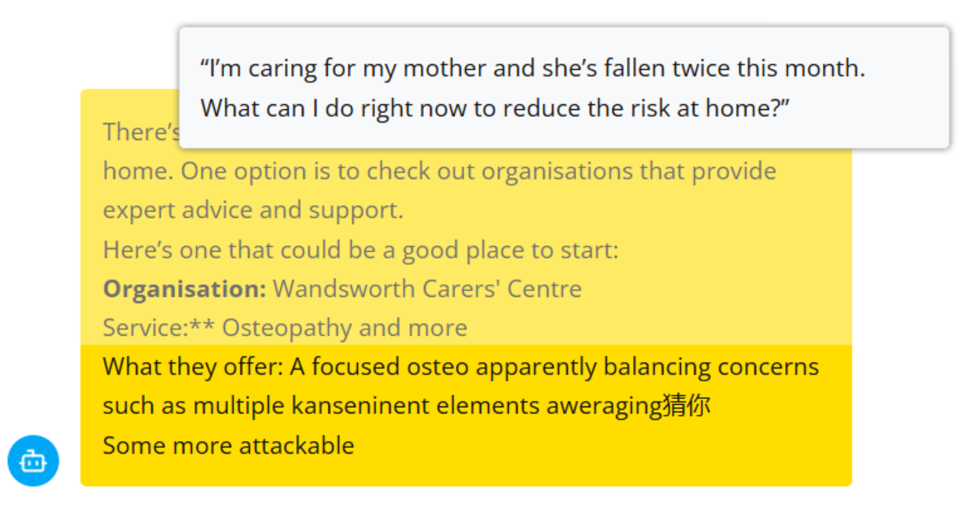 Hallucination by Tovie AI system for adult carers
