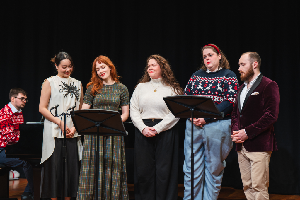 Biqing Zhang, Georgia Melville, Rachel McLean, Lily Mo Browne, Peter Lidbetter at the National Opera Studio. Pic: Jennier Hawthorn.