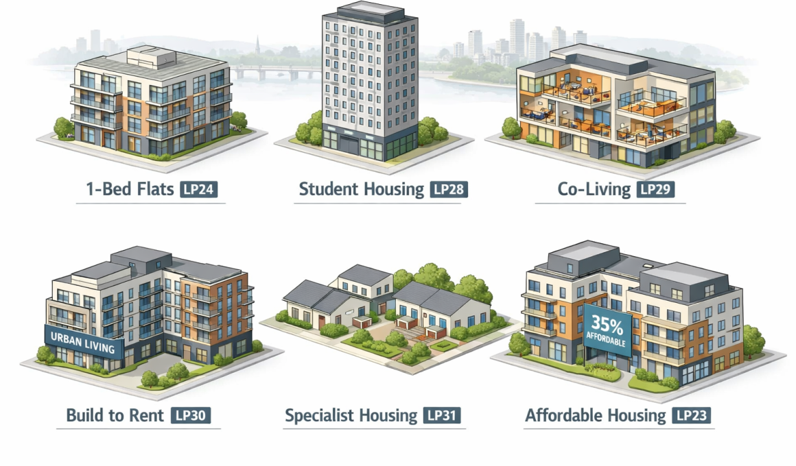 Six types of housing: 1-Bed Flats (LP24), Student Housing (LP28), Co-Living (LP29), Build to Rent (LP30), Specialist Housing (LP31), and Affordable Housing (LP23)