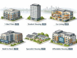 Six types of housing: 1-Bed Flats (LP24), Student Housing (LP28), Co-Living (LP29), Build to Rent (LP30), Specialist Housing (LP31), and Affordable Housing (LP23)