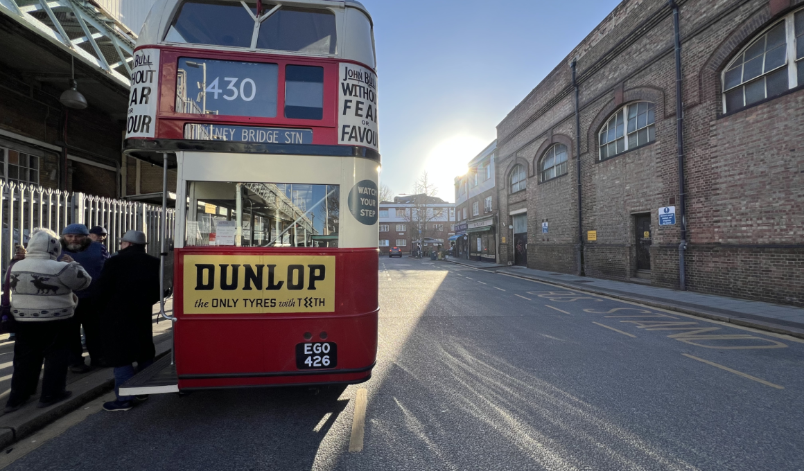The 1930s STL bus at Putney Bridge Station on Christmas Day, complete with period Hovis advertisement