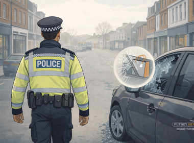 Police officer responding to a car break-in on a Putney street, illustrating vehicle crime and theft from cars.