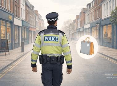 Police officer on patrol along Putney High Street, representing calm community policing and shoplifting prevention.