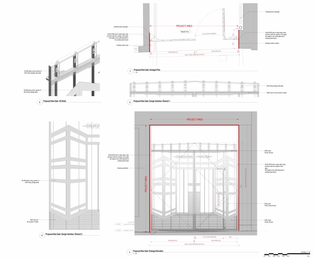 Proposed new gate for Russell Yard. Drawing by Floyd Slaski Architects, from planning application 2025/4286, November 2025.