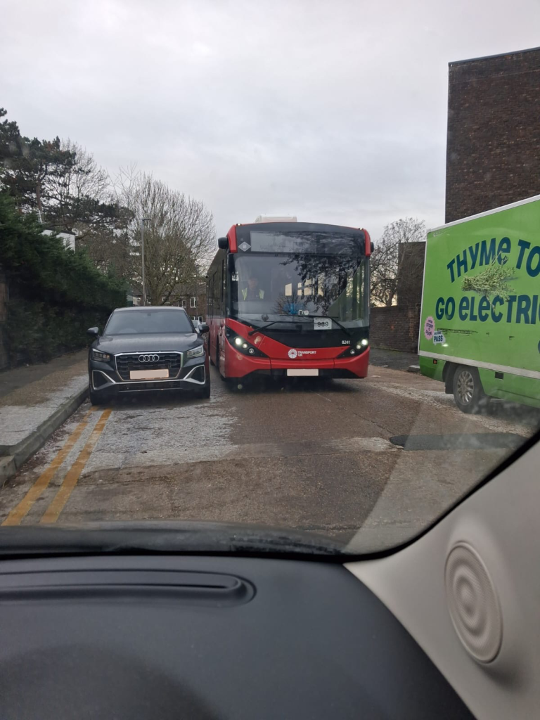 Stuck on Arabella Drive due to narrow roads.