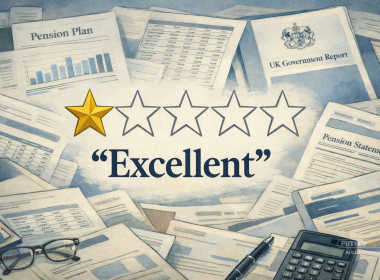 One out of five stars displayed with the quoted word “Excellent”, set against pension and government financial documents, suggesting poor performance masked by positive language.