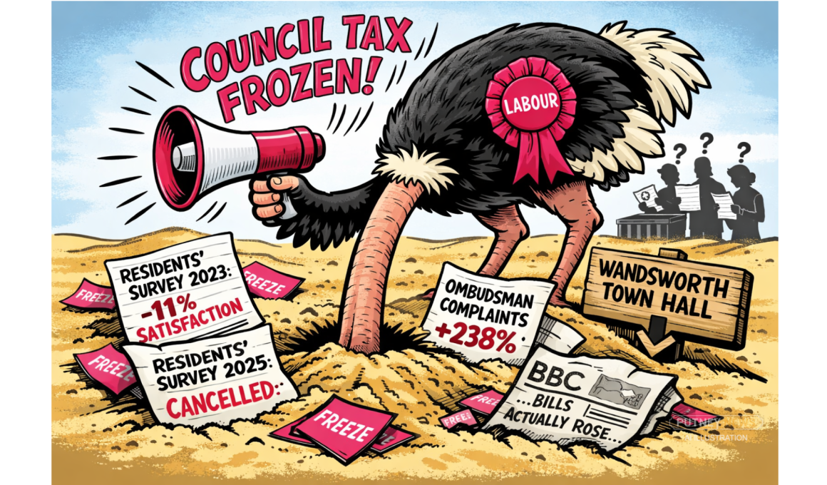 Satirical cartoon of a Labour-rosette ostrich with its head buried in sand outside Wandsworth Town Hall, shouting “COUNCIL TAX FROZEN!” while documents about cancelled surveys and rising complaints lie buried around it. ￼