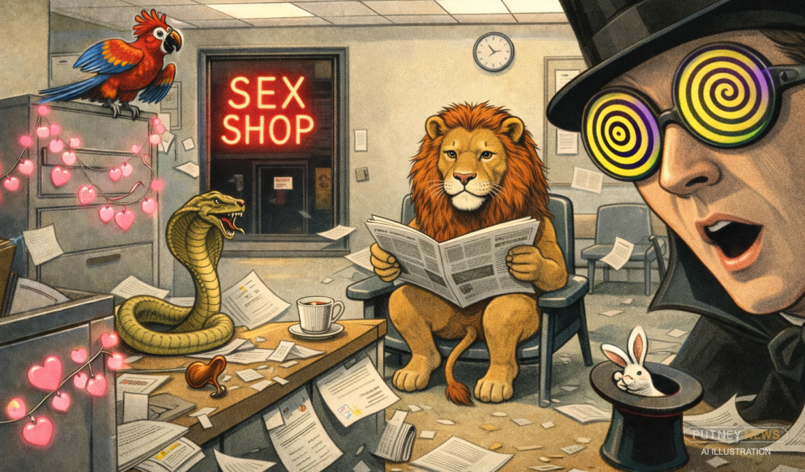 A lion sits patiently reading a newspaper in a council office as animals, paperwork, and spectacle spiral into chaos around it.