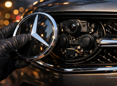 Car badge being removed to reveal hidden parking sensors and camera technology behind the grille, highlighting vulnerability to vehicle theft