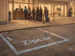 Empty car-share parking bay outside a shopping centre contrasted with a queue at a traditional car rental desk, highlighting tension between modern convenience and old-style bureaucracy.