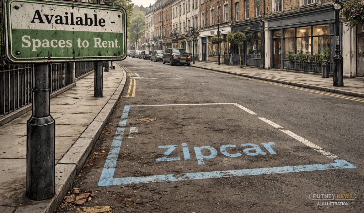 Empty car-share parking bay on a London street, suggesting underused urban space and change in local transport patterns.