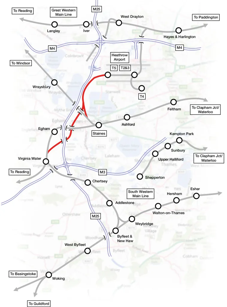 How a Heathrow Southern Railway would connect up with the rest of the railway network