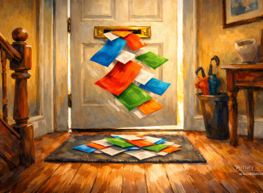 Colourful election leaflets tumble through a brass letterbox onto a hallway mat in a warm British home.