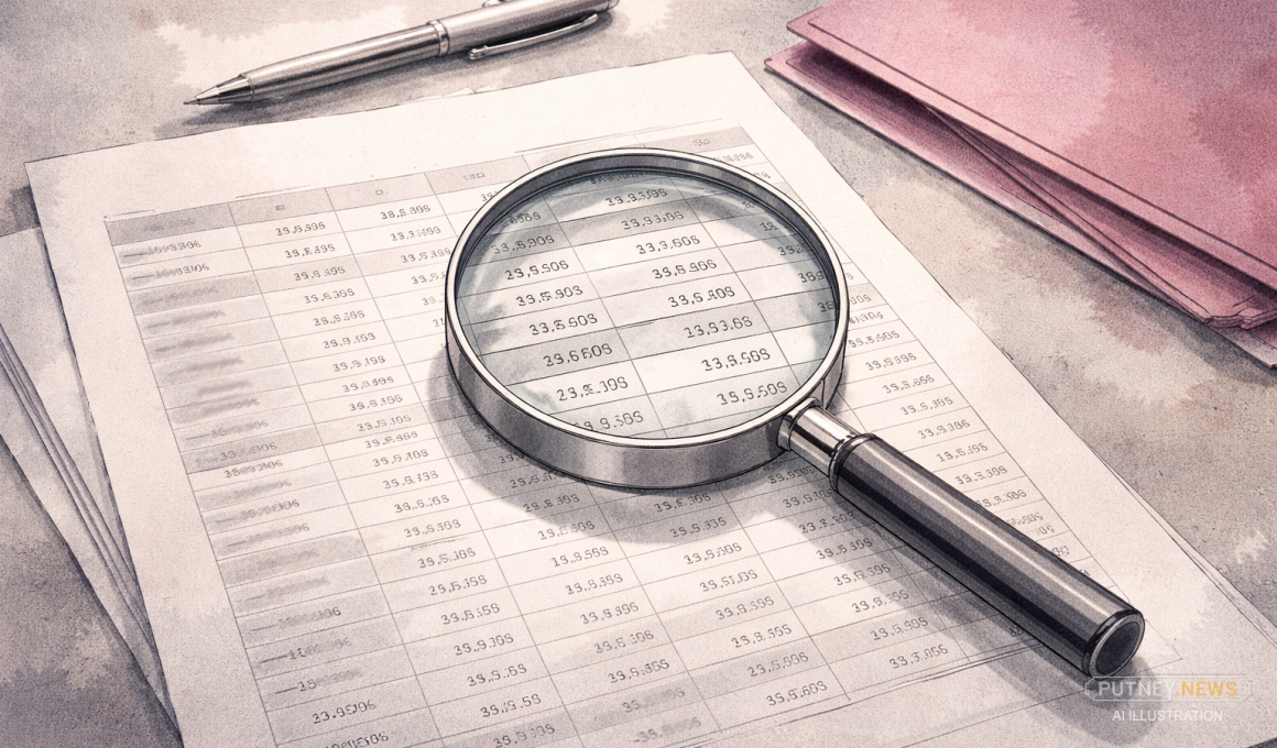 Editorial illustration of a magnifying glass examining rows of figures on a financial document, with a magenta leaflet pushed aside on a desk.