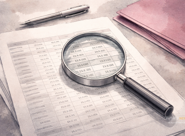 Editorial illustration of a magnifying glass examining rows of figures on a financial document, with a magenta leaflet pushed aside on a desk.