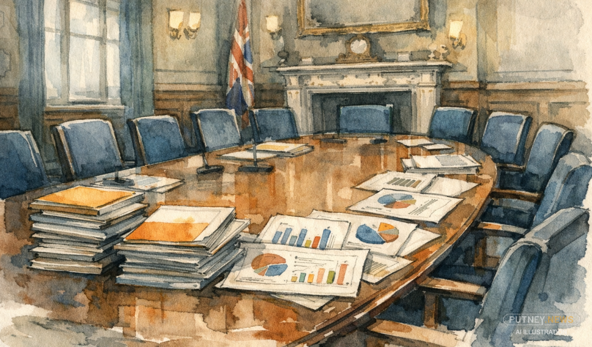 Empty committee room in a British civic building, with stacked reports and performance charts laid across a long table.