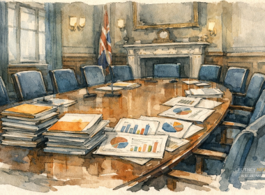 Empty committee room in a British civic building, with stacked reports and performance charts laid across a long table.