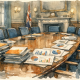 Empty committee room in a British civic building, with stacked reports and performance charts laid across a long table.