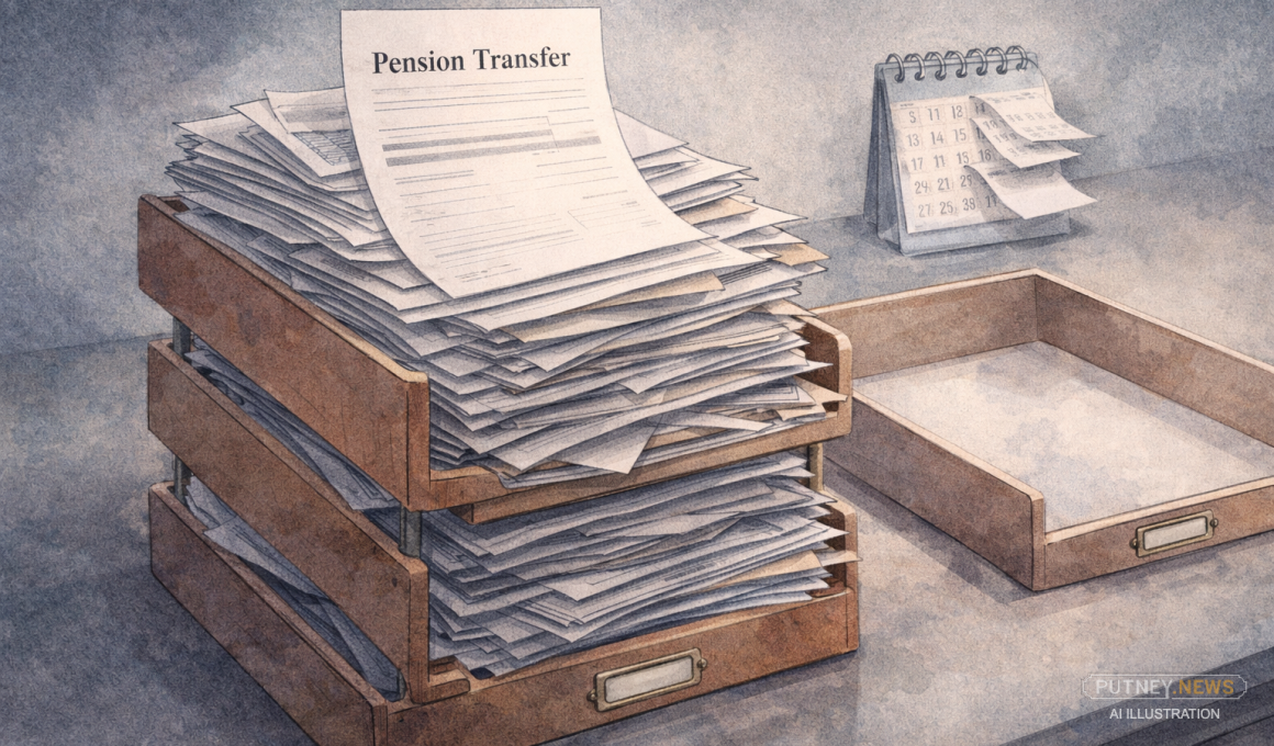 Editorial illustration of an overflowing in-tray piled with pension paperwork beside an almost empty out-tray, with a peeling calendar suggesting delay.
