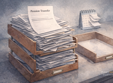 Editorial illustration of an overflowing in-tray piled with pension paperwork beside an almost empty out-tray, with a peeling calendar suggesting delay.
