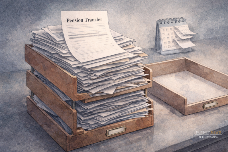 Editorial illustration of an overflowing in-tray piled with pension paperwork beside an almost empty out-tray, with a peeling calendar suggesting delay.
