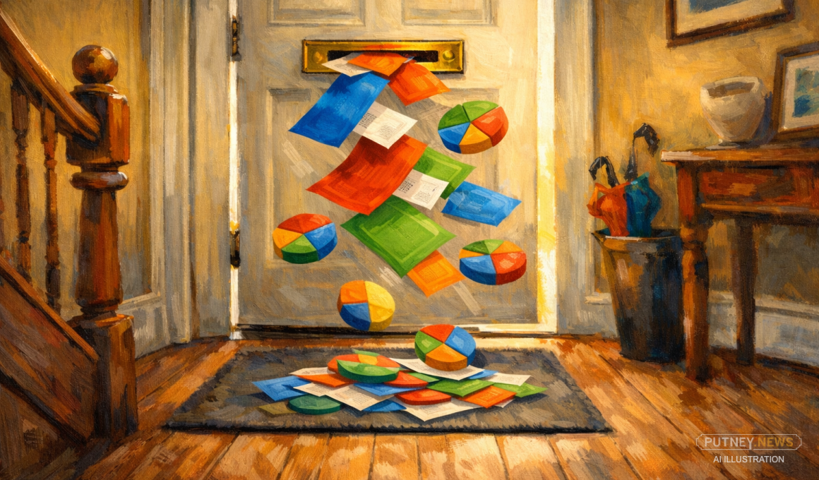 Election leaflets and colourful pie chart discs tumble through a front-door letterbox onto a hallway mat.