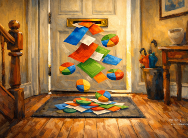 Election leaflets and colourful pie chart discs tumble through a front-door letterbox onto a hallway mat.