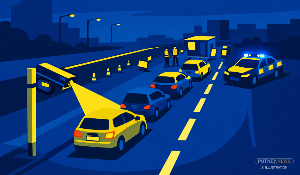Bird’s-eye editorial illustration of a dusk road checkpoint, with cars queuing past a roadside number plate recognition camera and a police vehicle with blue lights parked nearby in a simplified urban setting.
